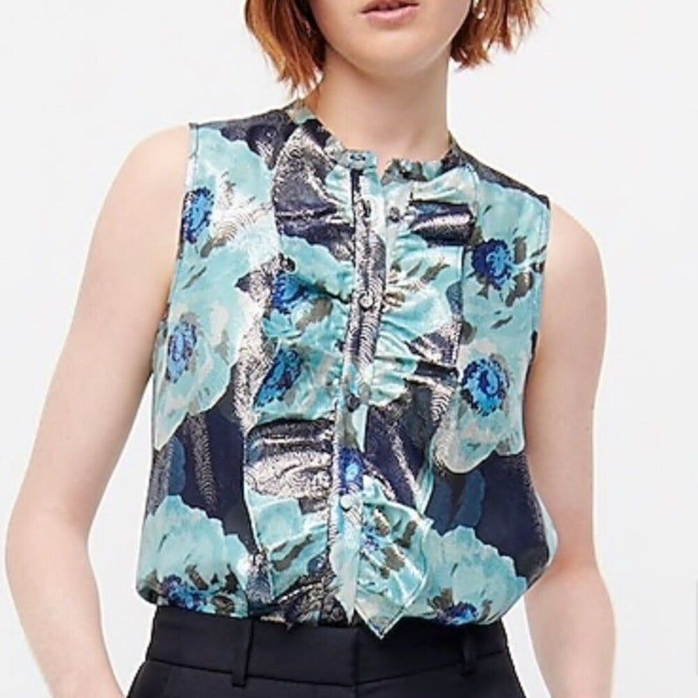 NWT Women’s J.CREW Sleeveless Blouse Top Floral Jacquard size XS aqua ruffle